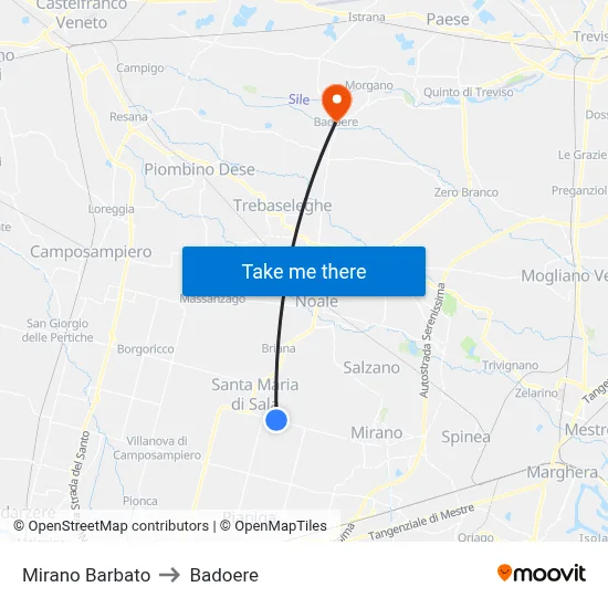 Mirano Barbato to Badoere map