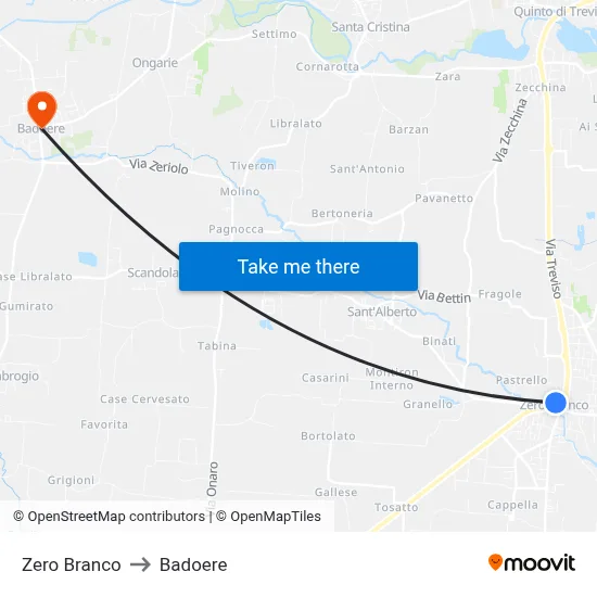 Zero Branco to Badoere map