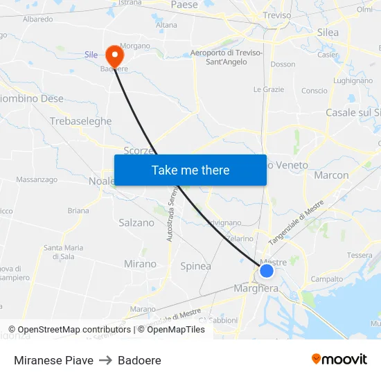 Miranese Piave to Badoere map