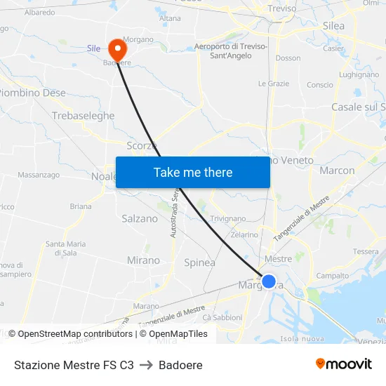 Stazione Mestre FS C3 to Badoere map