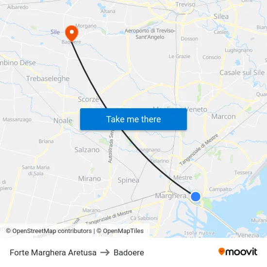 Forte Marghera Aretusa to Badoere map