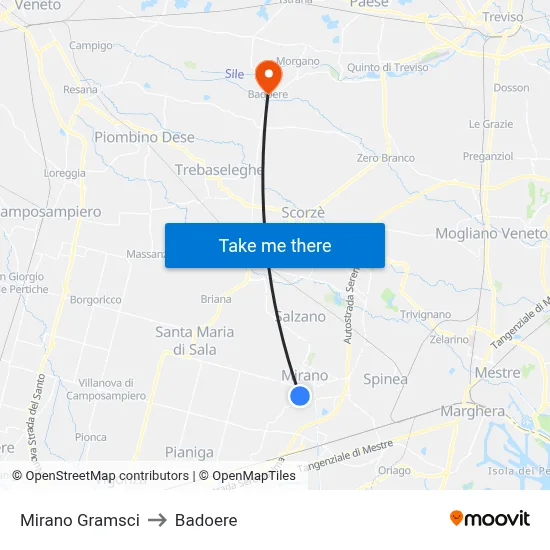 Mirano Gramsci to Badoere map