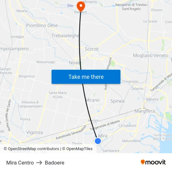 Mira Centro to Badoere map