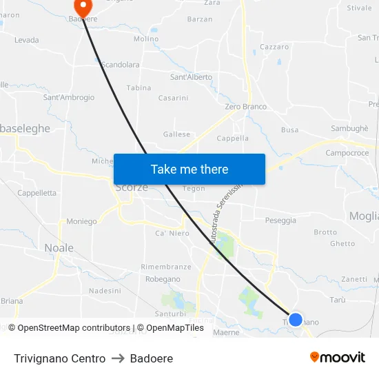 Trivignano Center to Badoere map