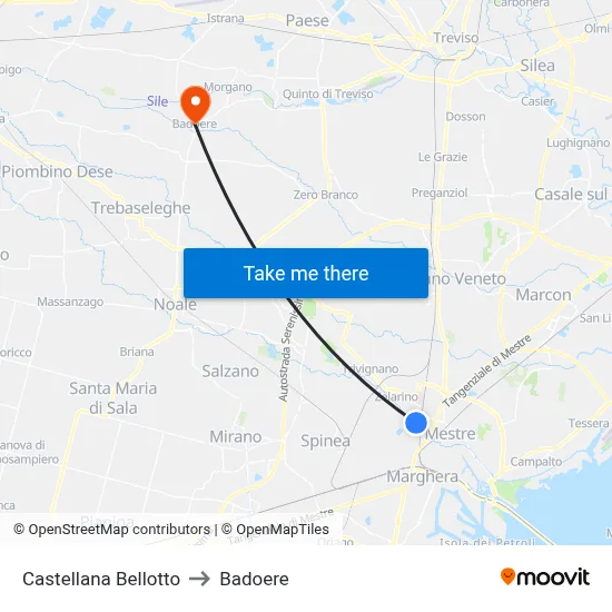 Castellana Bellotto to Badoere map