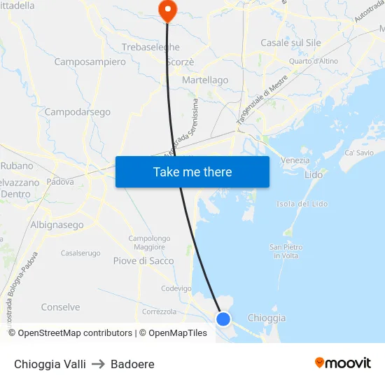 Chioggia Valli to Badoere map