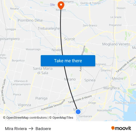 Mira Riviera to Badoere map