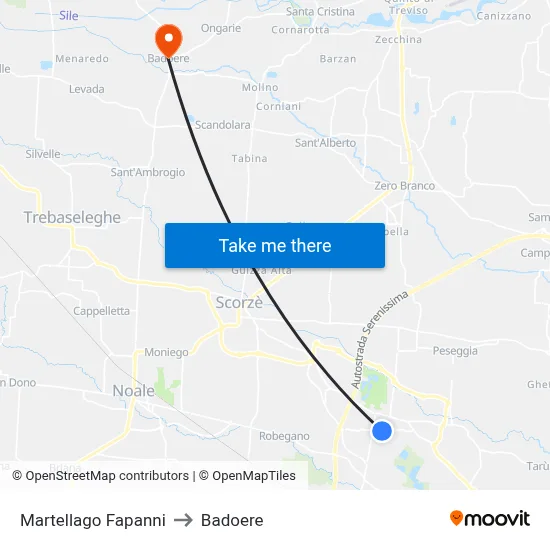 Martellago Fapanni to Badoere map