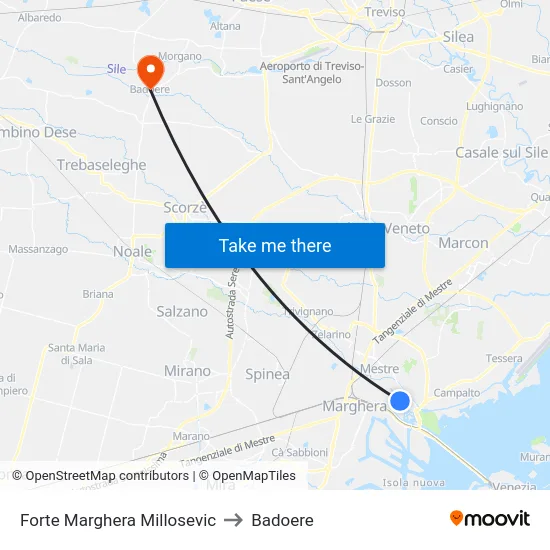 Forte Marghera Millosevic to Badoere map
