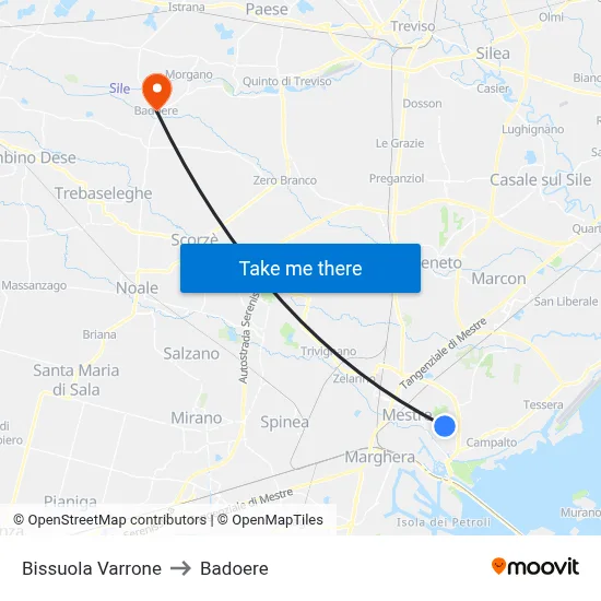 Bissuola Varrone to Badoere map
