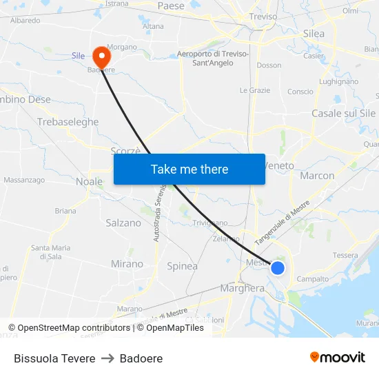 Bissuola Tevere to Badoere map