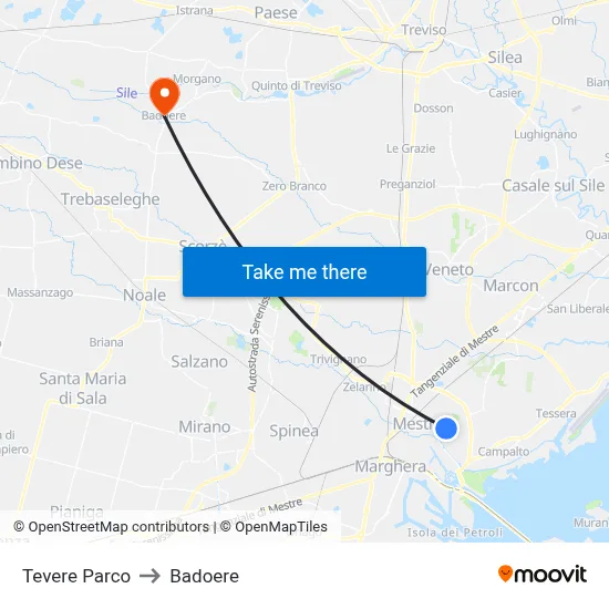 Tevere Park to Badoere map