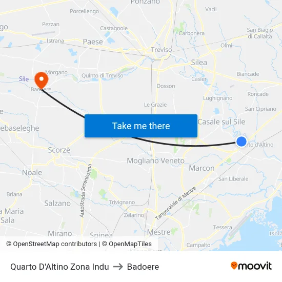 Quarto D'Altino Industrial Zone to Badoere map
