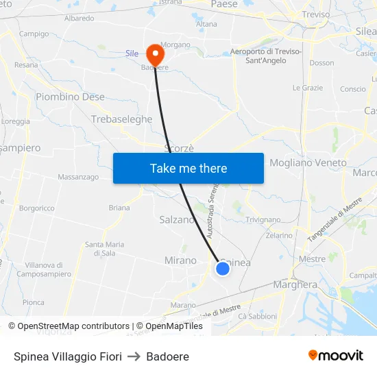 Spinea Villaggio Fiori to Badoere map