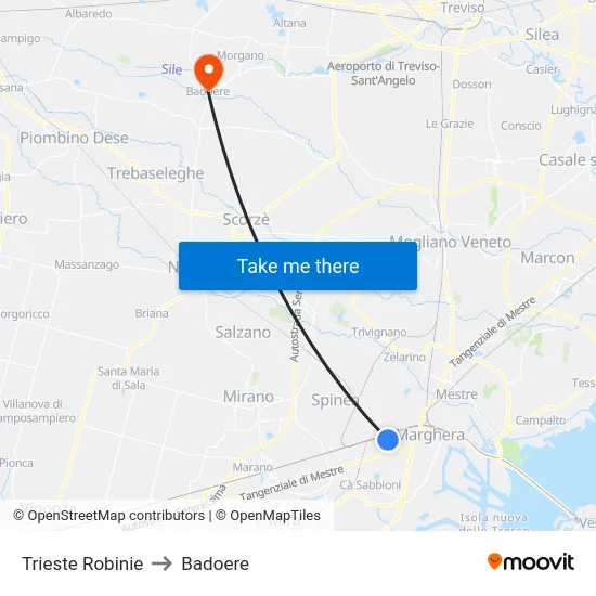 Trieste Robinie to Badoere map