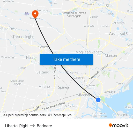 Liberta' Righi to Badoere map