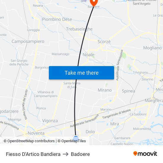 Fiesso D'Artico Bandiera to Badoere map