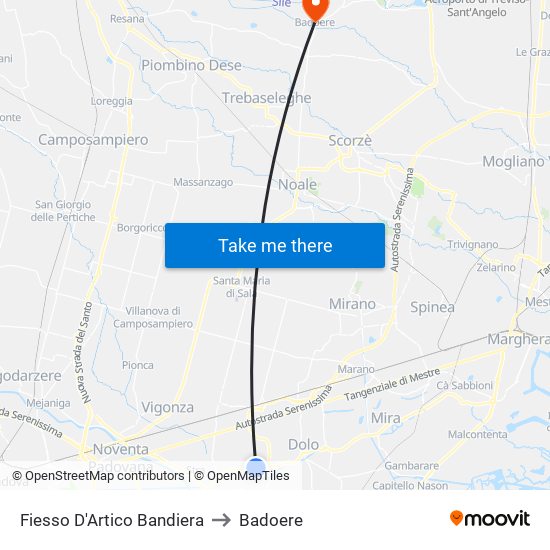 Fiesso D'Artico Bandiera to Badoere map
