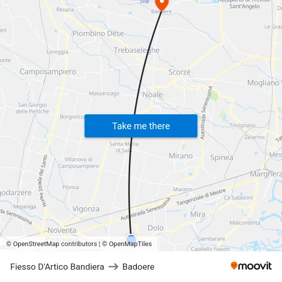 Fiesso D'Artico Bandiera to Badoere map