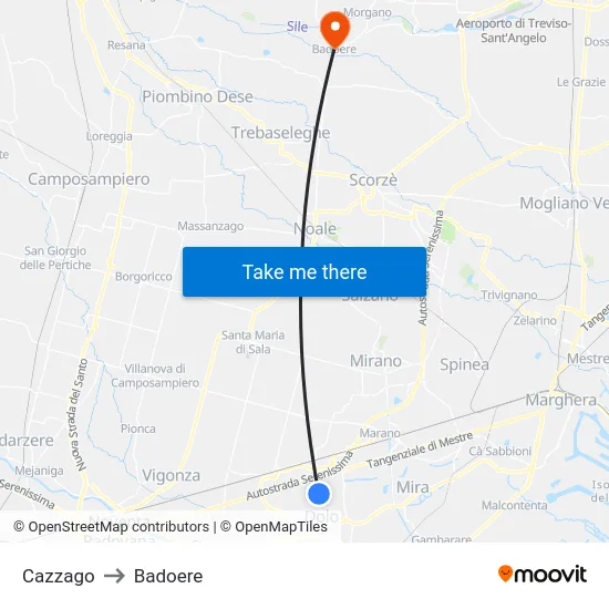 Cazzago to Badoere map