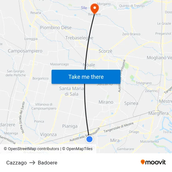 Cazzago to Badoere map