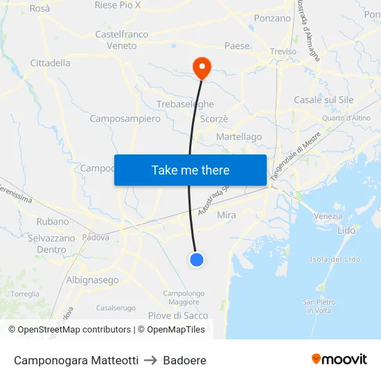 Camponogara Matteotti to Badoere map