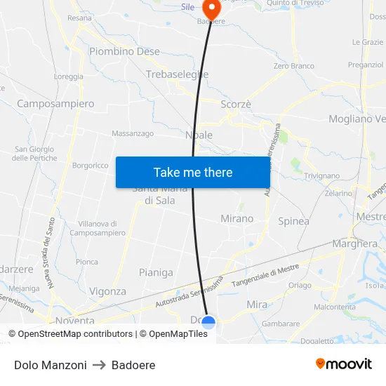 Dolo Manzoni to Badoere map