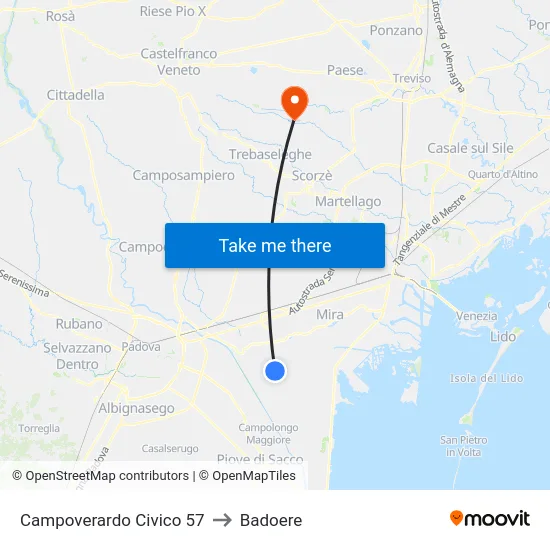 Campoverardo Civico 57 to Badoere map
