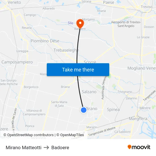 Mirano Matteotti to Badoere map