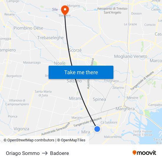 Oriago Sommo to Badoere map