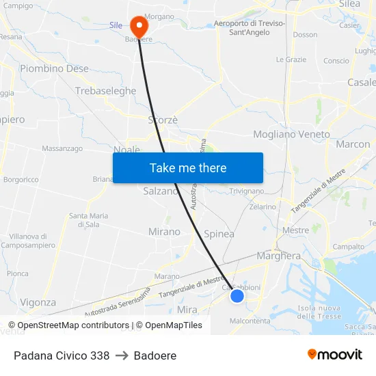Padana Civico 338 to Badoere map