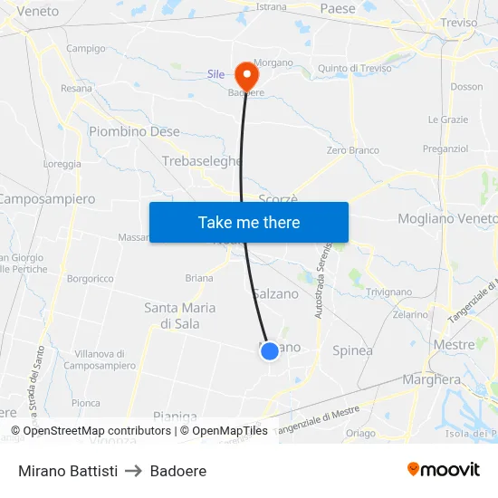 Mirano Battisti to Badoere map