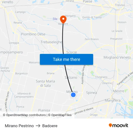 Mirano Pestrino to Badoere map