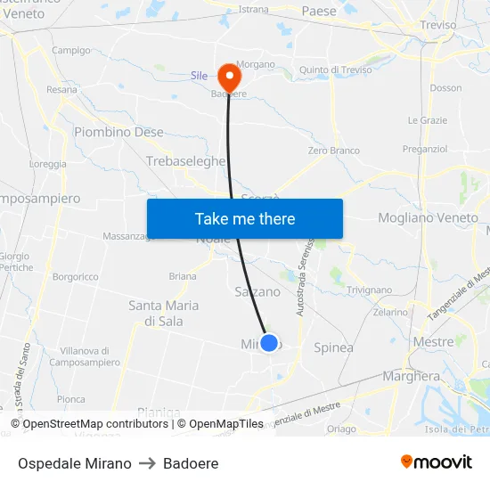 Mirano Hospital to Badoere map