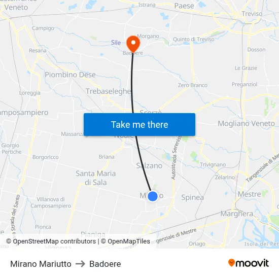 Mirano Mariutto to Badoere map
