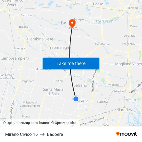 Mirano Number 16 to Badoere map