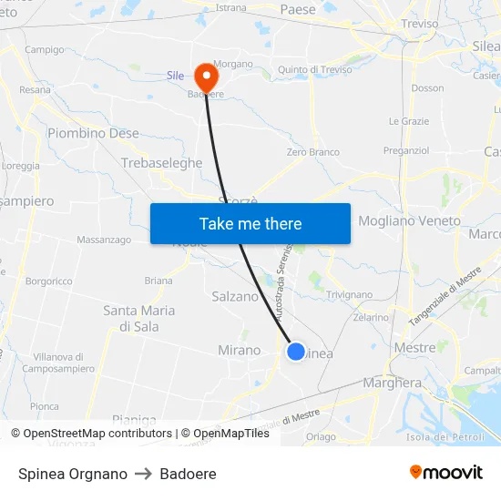 Spinea Orgnano to Badoere map