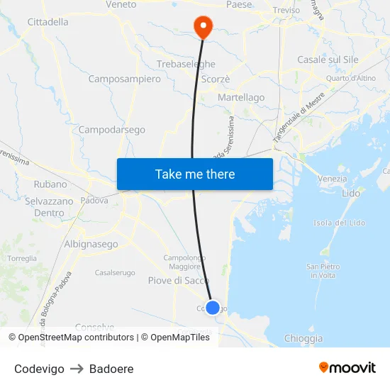 Codevigo to Badoere map