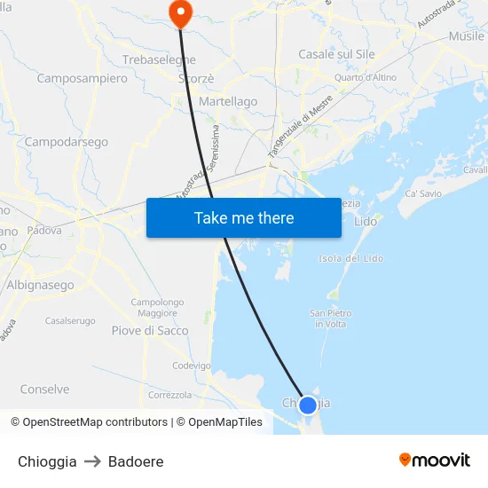 Chioggia to Badoere map