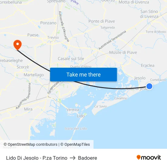 Lido Di Jesolo - P.za Torino to Badoere map