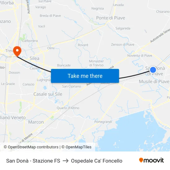 San Donà - Stazione FS to Ospedale Ca' Foncello map