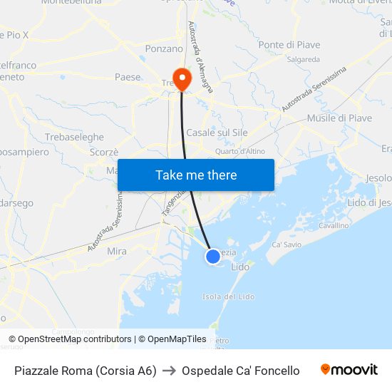Piazzale Roma (Corsia A6) to Ospedale Ca' Foncello map