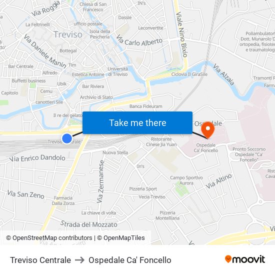 Treviso Centrale to Ospedale Ca' Foncello map