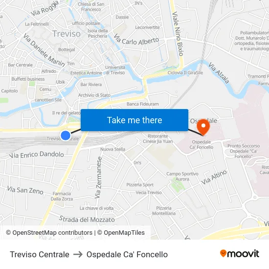 Treviso Centrale to Ospedale Ca' Foncello map