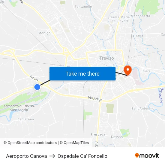 Canova Airport to Ca' Foncello Hospital map