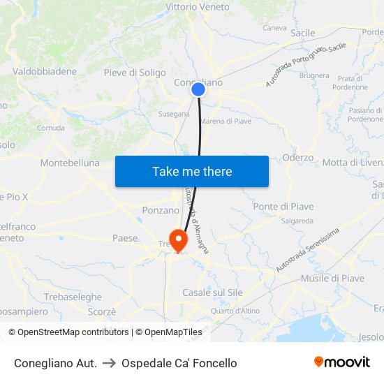 Conegliano Aut. to Ospedale Ca' Foncello map