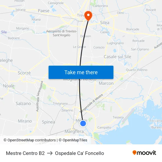 Mestre Centro B2 to Ospedale Ca' Foncello map