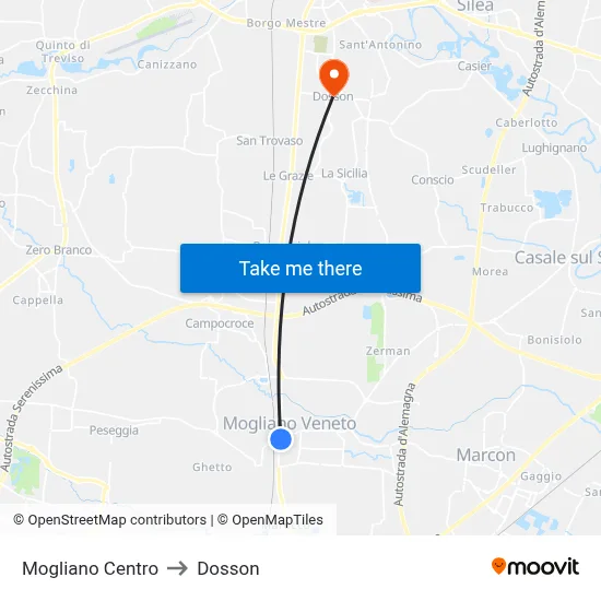 Mogliano Center to Dosson map