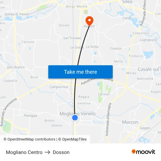 Mogliano Center to Dosson map