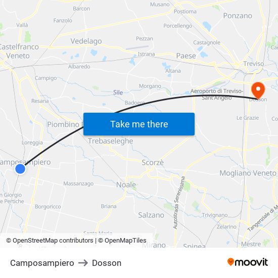 Camposampiero to Dosson map